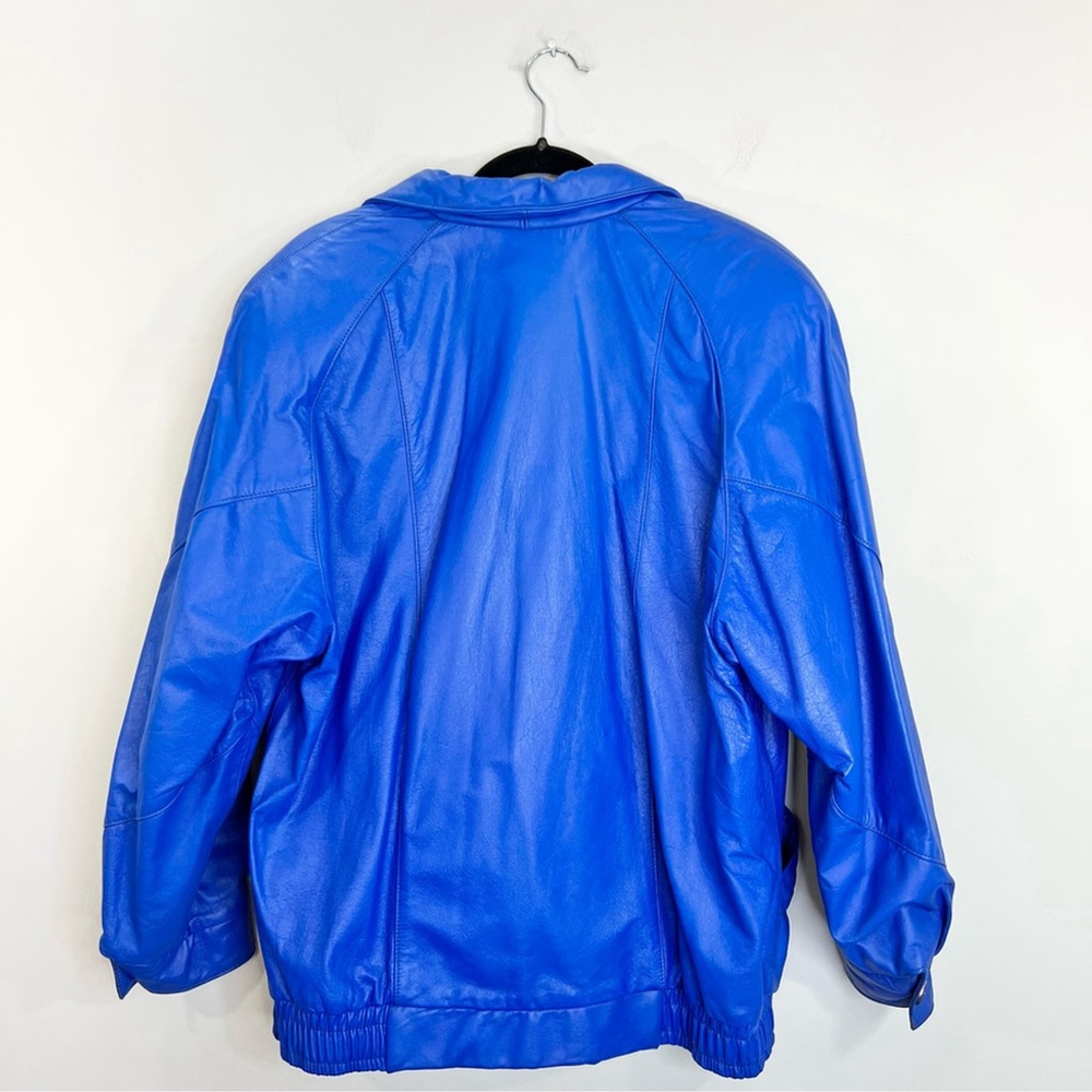 Vintage 80s genuine leather blue padded shoulder batwing bomber pant suit set 14 - Picture 6 of 17